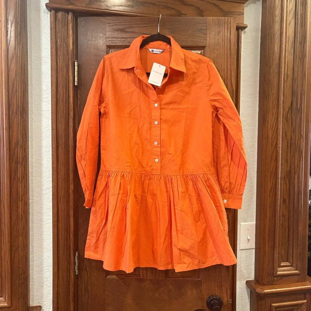 Caryn Lawn NWT $182 Cotton Pleated Drop Waist Dress OSFM Pockets Burnt Orange
